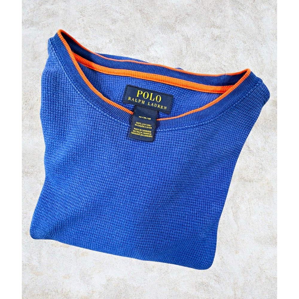 Polo Ralph Lauren Thermal Shirt Mens M Blue Waffle Knit Orange Pony Cotton